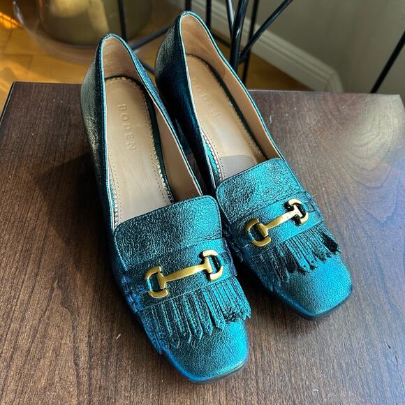 Boden Shoes - Boden Iris Ghillie Heeled Loafers in ponderosa pine metallic coated leather 39 8